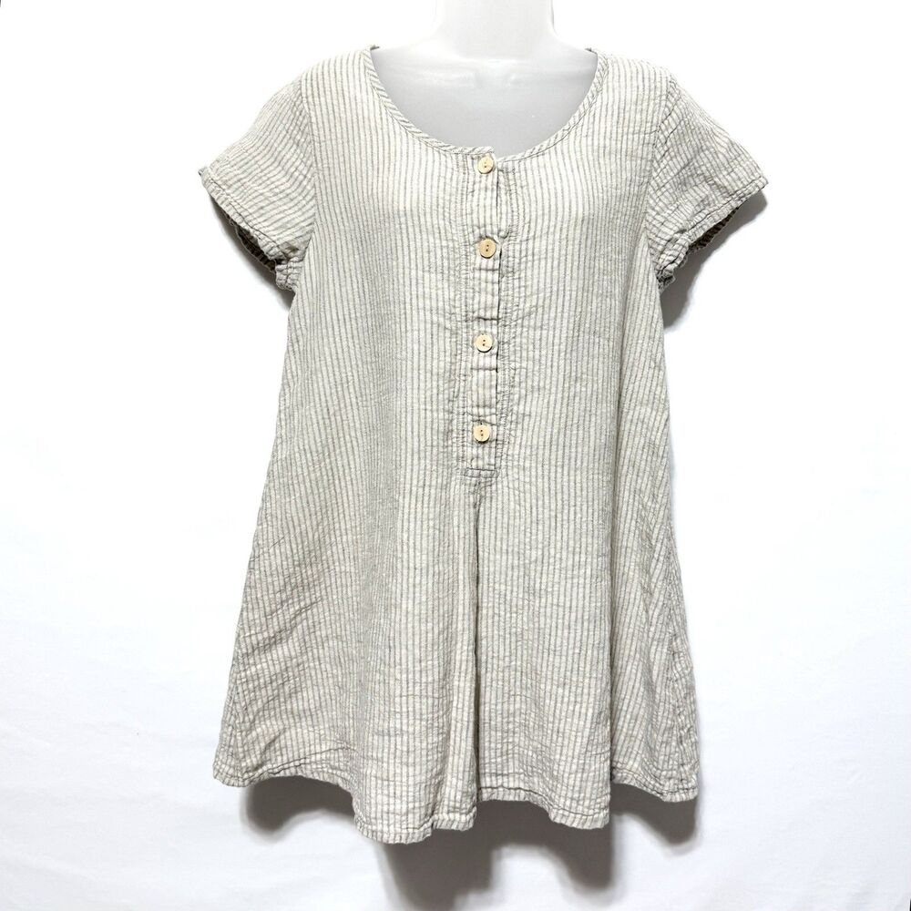 FLAX Women’s P (XS) Linen Beige Stripe Button Front Short Sleeve Tunic Top